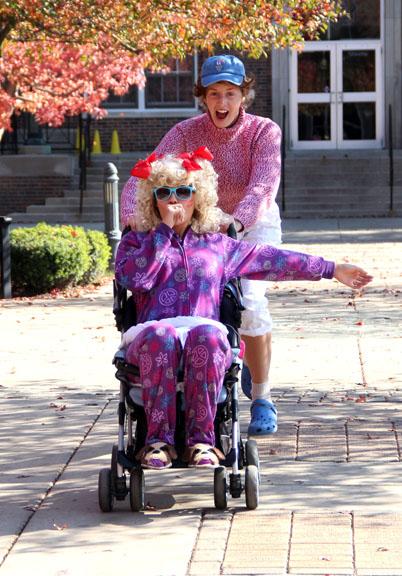 Seniors wear mom jeans, push strollers