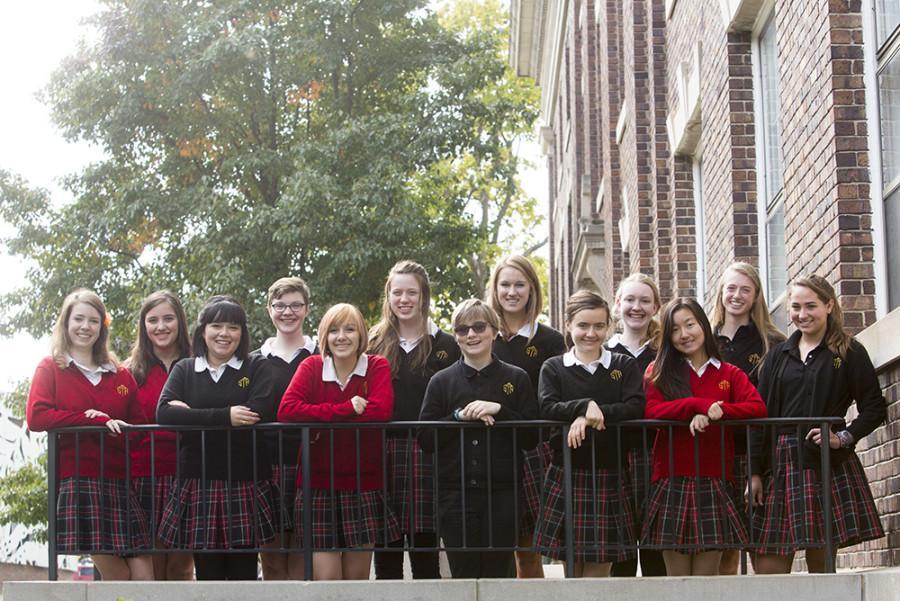 Seniors Kathleen Blanck, from left, Shelby Hawkins, Libby Torres, Katie Holt, Rachel Moran, Tessa Smith, Natalie Nuessle, Anna Kropf, Natalie Fitts, Madison Fitzgerald, Katie Parkinson, Abbey Haines and Ciara Collins were recognized as National Merit Commended and National Merit Semi-Finalists for their junior PSAT scores. 
photo source: stteresasacademy.org