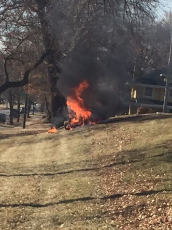 An over-heated lawnmower burns on the southeast corner of campus. photo courtesy of Kelly Drummond