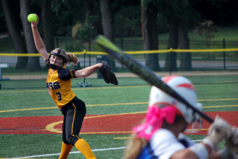 Senior Maddie Watts throws a pitch in the game against St. Joseph Central Aug. 27. photo by Libby Hutchinson