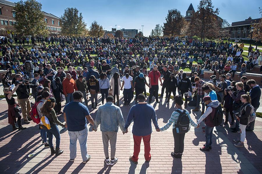 Protesters, students and media fill Traditions Plaza during a press conference following the Concerned Students 1950 protest on Monday, Nov. 9 2015, in Columbia, Mo. (Michael Cali/San Diego Union-Tribune/TNS)