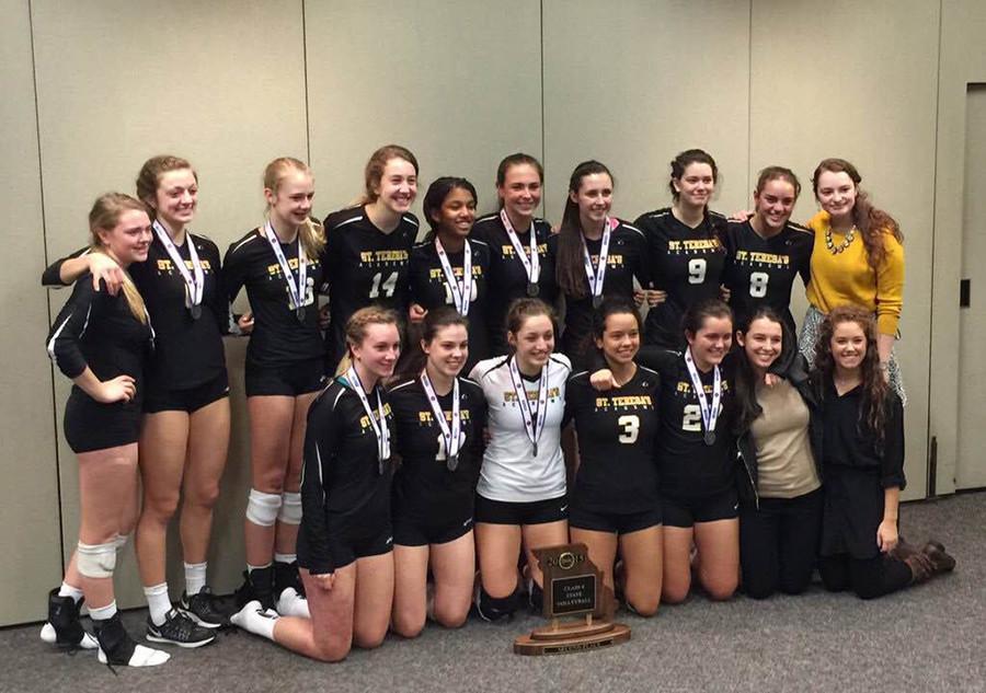 The+STA+varsity+volleyball+team+poses+for+a+photo+with+their+state+runner-up+trophy+Oct.+31.+photo+courtesy+of+Tyler+Abney