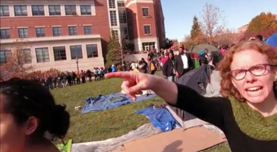 Melissa Click in November during a confrontation with student journalists at a University of Missouri campus protest in Columbia, Mo. photo courtesy of the New York Times