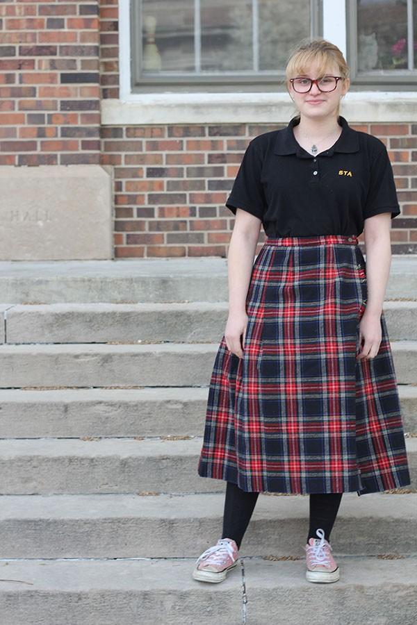 Senior Rita Vittori poses in the new kilt. photo by Anna Hafner