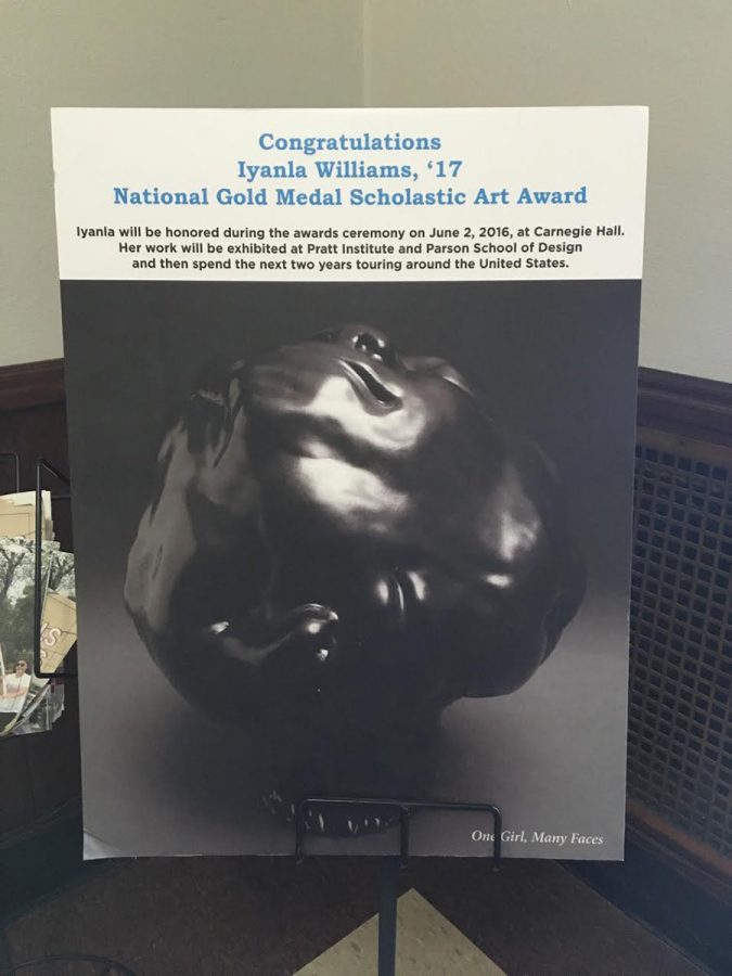 A poster of Williamss sculpture is on display in the front hall of Donnelly. photo by Anne Claire Tangen