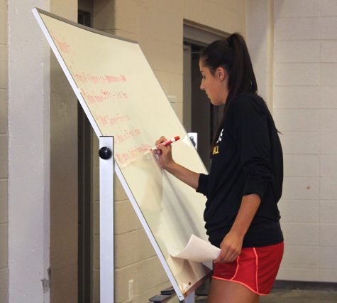 Volleyball coach Lauren Brentlinger writes strategy on the white board during practice. photo by Paige Powell