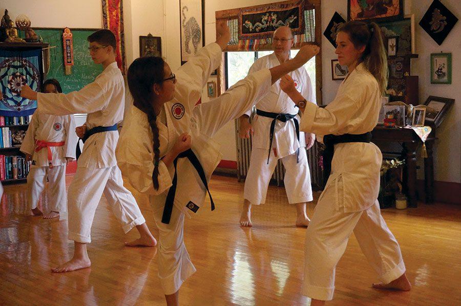 Sophomore Talia Parra practices with sophomore Olivia Robertson during their karate lesson. Parra and Robertson practice a style of karate called Shindō jinen-ryū at Tao Academy of Kansas City. photo by Gabby Martinez