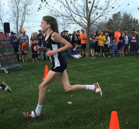 Sophomore Rose Crowe crosses the finish line at the sectional meet. photo by Gabby Mesa