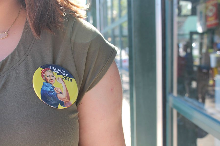 
A Hillary Clinton supporter wears a button at the River Market in Downtown Kansas City, Missouri Sep. 17. photo by Meghan Baker
