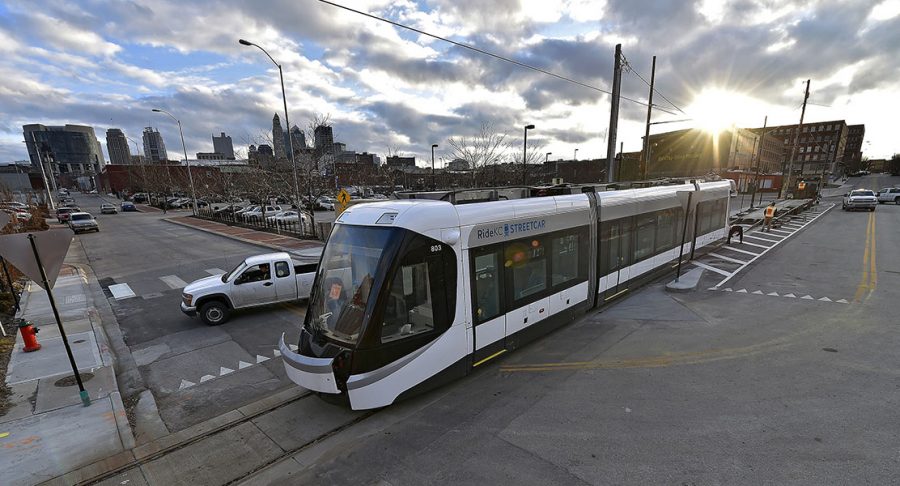 A streetcar to be delivered to Kansas City is offloaded from its trailer Feb. 3 in Kansas City, Mo. The city is on schedule to begin service in April. photo courtesy of Tribune News Service