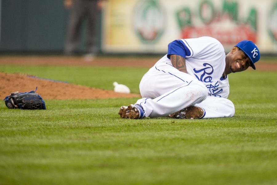 Royals Pitcher, Yordano Ventura falls to the ground during a game against the White Sox. photo courtesy of tribune news service
