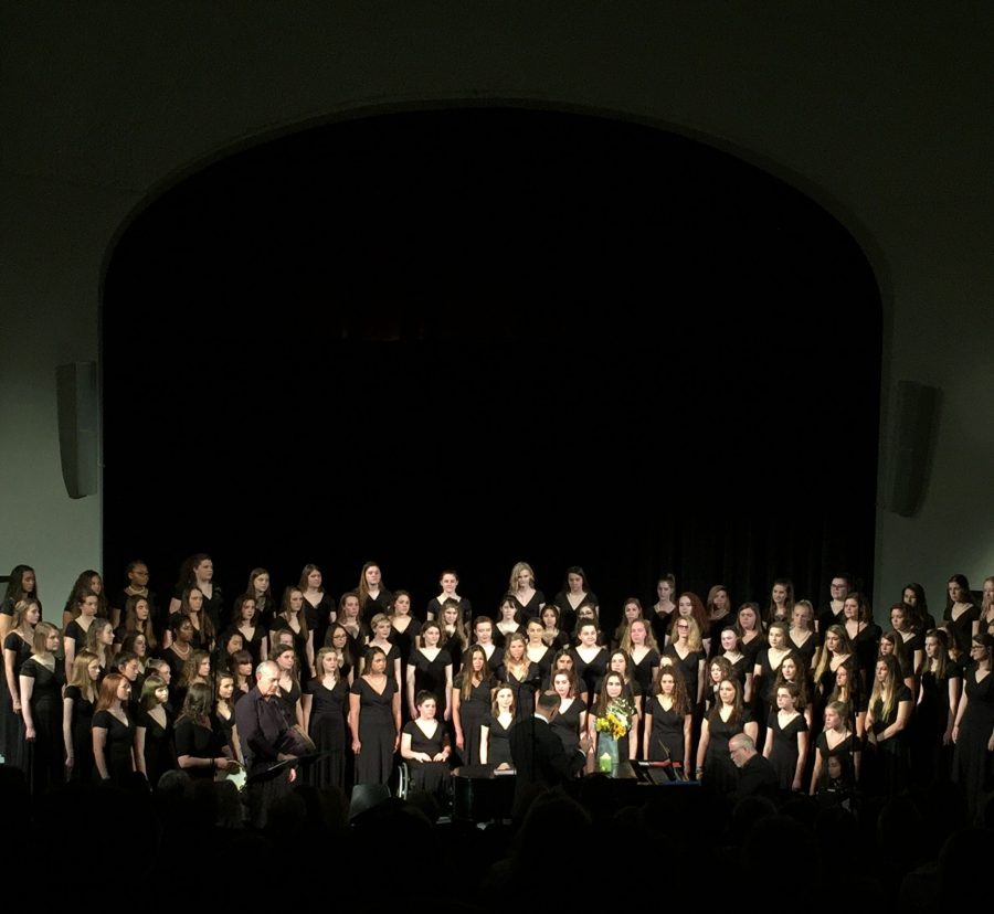 The STA choir puts on their annual Spring Concert Mar. 21. During the final two songs, all three choirs combined, accompanied first by Larry Figg on cello and then by Samantha Wagner on accordian, Kent Raush on djembe, Diana Edwin on tambourine and STA Staff Accompanist Robert Pherigo on piano. photo by Gabby Staker