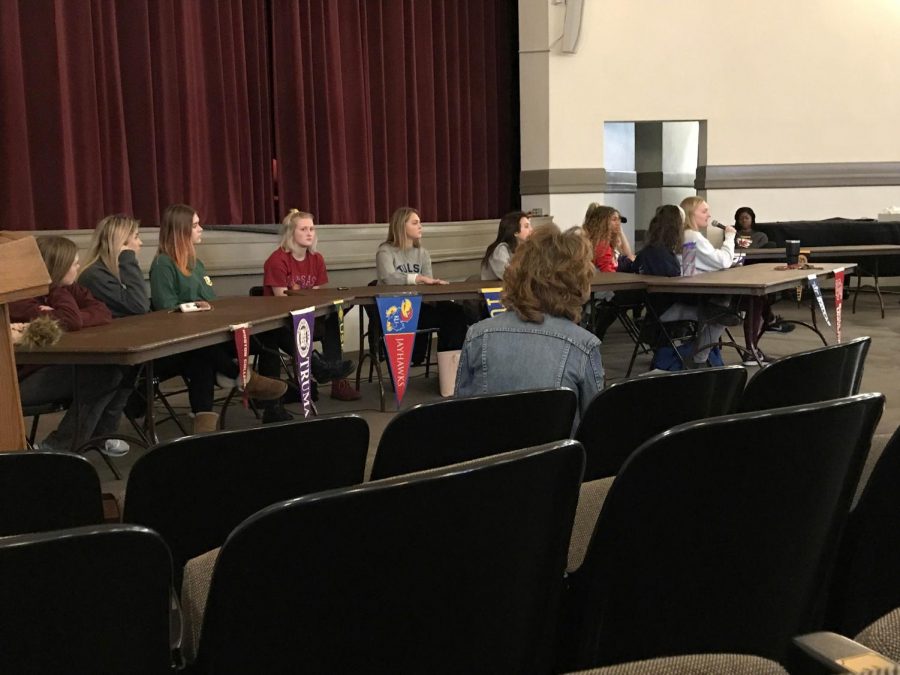 Alumnae from the class of 2017 sit together at a panel Jan. 4 in the auditorium. The college panel was held to help current students with college decisions. photo by Annabelle Meloy