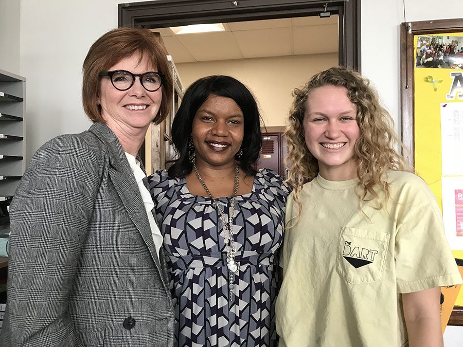 President Nan Bone, from left, reporter Lisa Benson and Zoe Butler pose for a picture during Bensons tour Feb. 27. Butler will compete on a national level for journalism. photo by Trang Nguyen