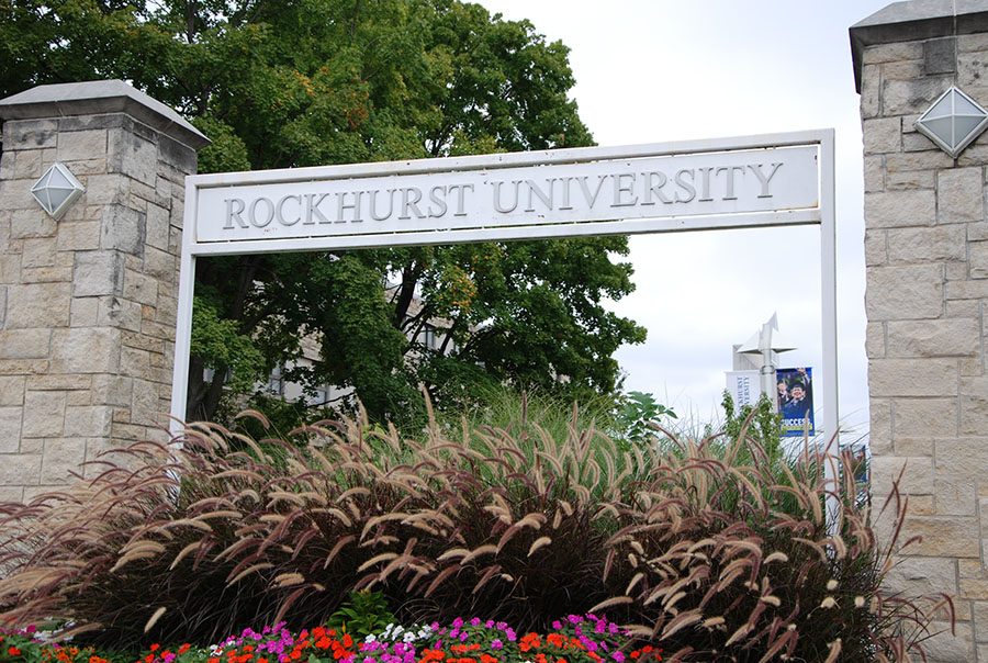 Rockhurst University sign that welcomes students to the entrance of the University September 22. Rockhurst provides a diverse campus life with residential dorms, sports facilities, and dining halls. photo by Claudia Benge