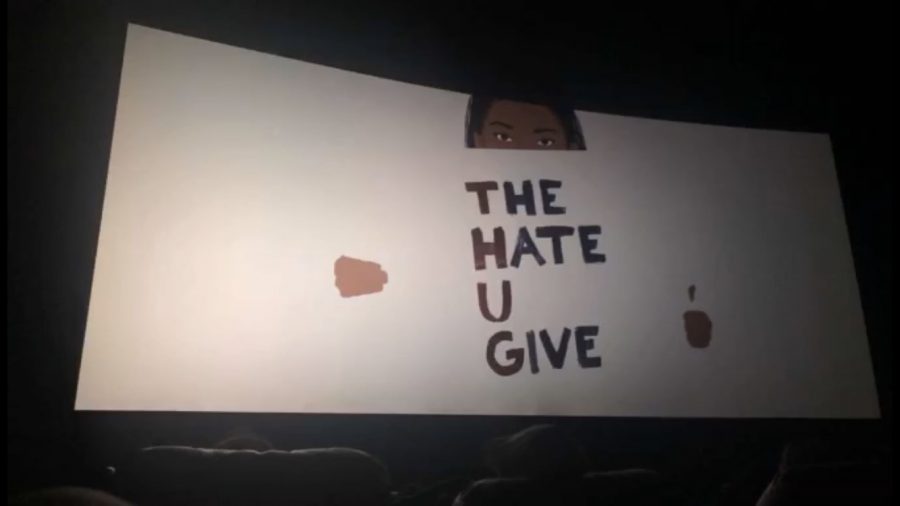 A screen at the AMC Ward Parkway 14 displays the title The Hate U Give. Students filled eight auditoriums at the AMC Ward Parkway Theater Wednesday, Nov. 14. photo courtesy of Lindsey Blaich