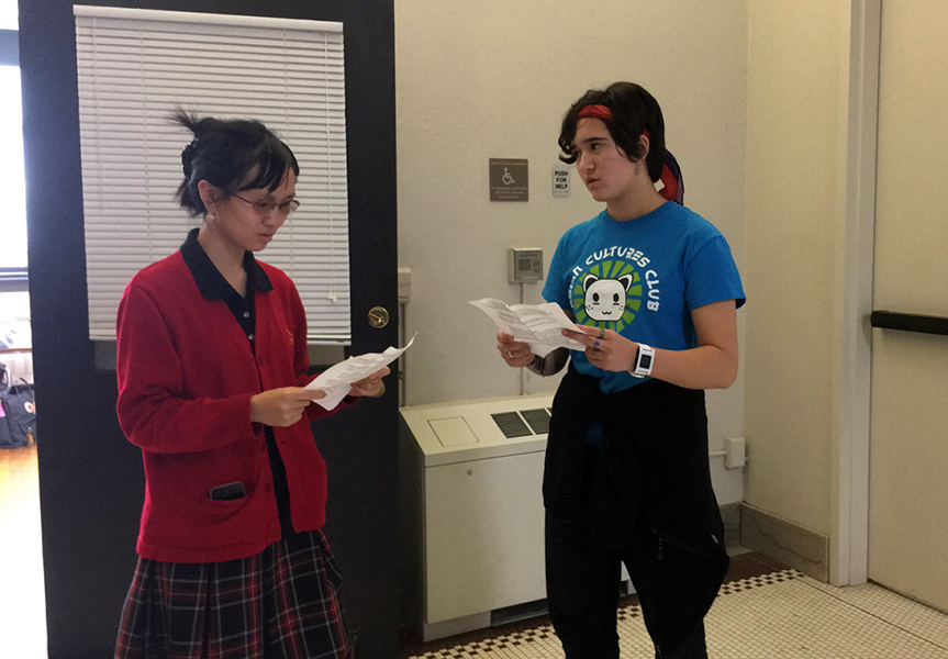 Sophomores Lia Uhlenhuth and Arwen Dickson practice lines together Nov. 29. Auditions were held after school Nov. 29. photo by Aspen Cherrito