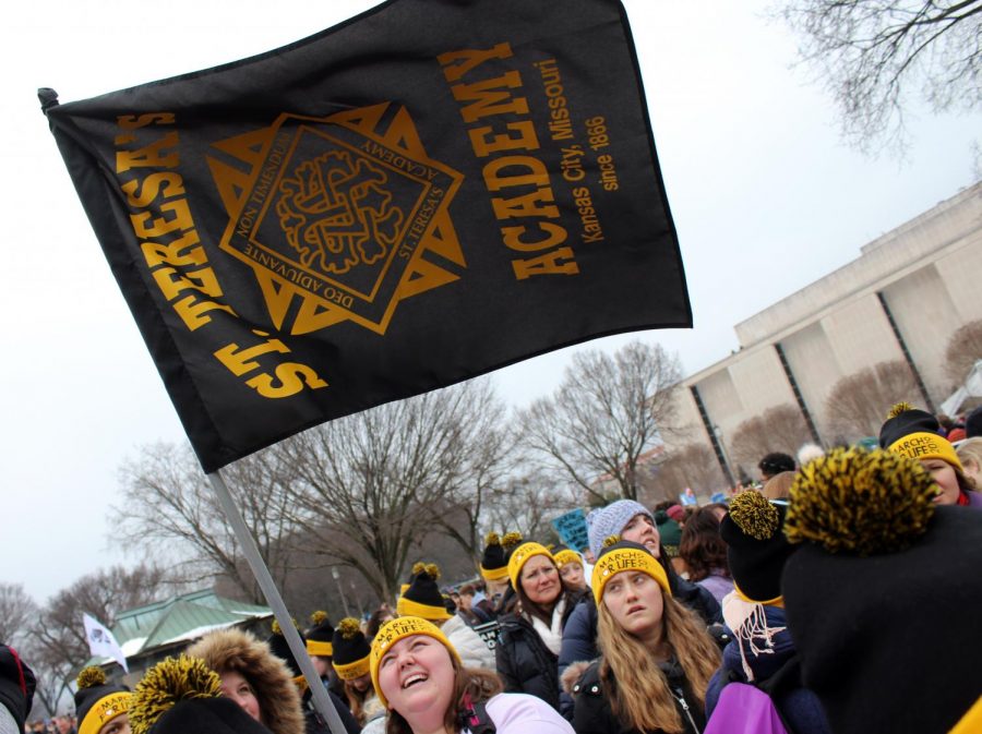 Senior Lauren Ennis waves the STA flag at the March for Life rally Jan. 18. The flag is used to indicate where the group is in case someone gets separated. photo by Maggie Hart