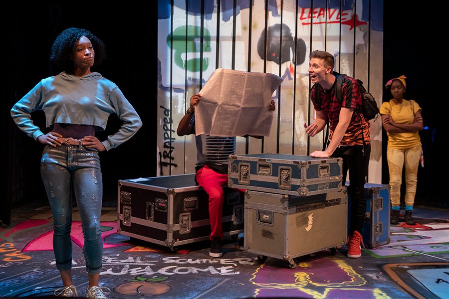 Catera Combs as EM, from left,  Jay Love as Ty, Jordan Luty as CJ, and Khrystal L. Coppage as Dayz in The Coterie’s production of “Rise Up: The Struggle of the Freedom Riders.” The play is written by Lisa Evans and directed by Jeff Church, and runs from  Sept. 17 through Oct. 20. photo by Erin Stricker and courtesy of The Coterie Theatre