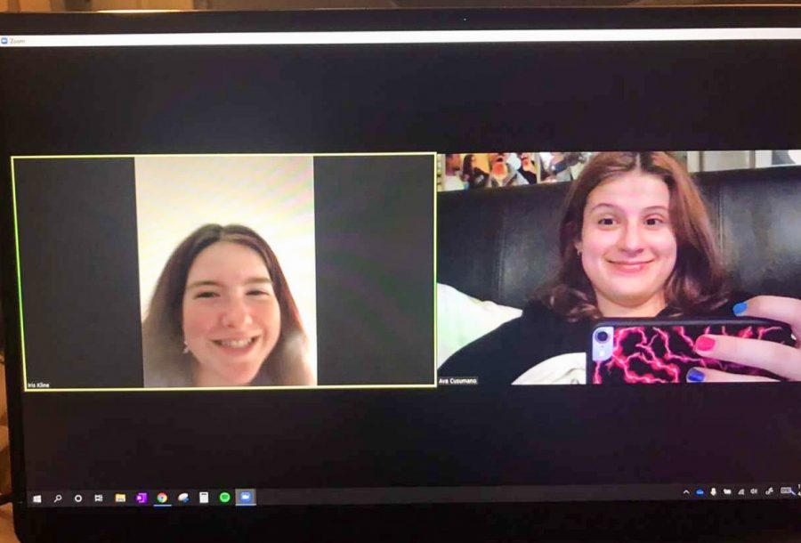 Sophomores Iris Kline and Ava Cusumano catch up over a zoom facetime call Apr. 6. Kline and Cusumano use zoom as one way to communicate with their friends at least a few times a week. photo by Katie Massman