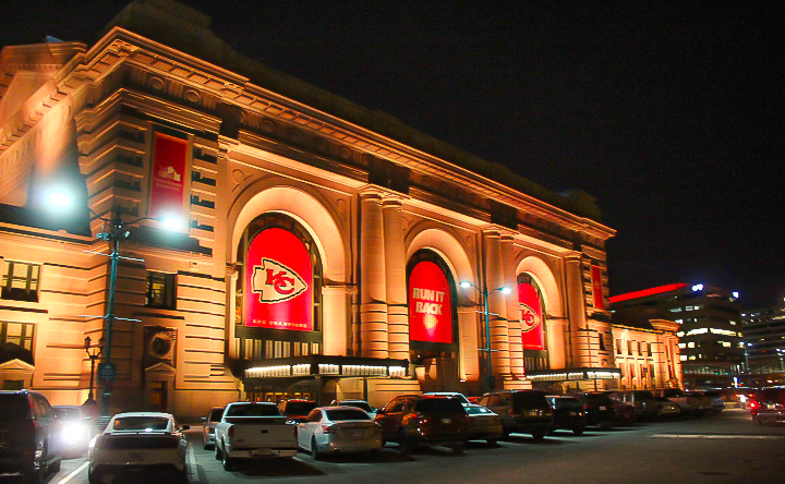 Union Station, located in downtown Kansas City, displays their love for the Chiefs on the outside of the building Jan. 29. A banner in the middle reads 