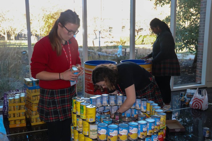 Seniors Connell and Lucy Fanning place cans in the structure. 